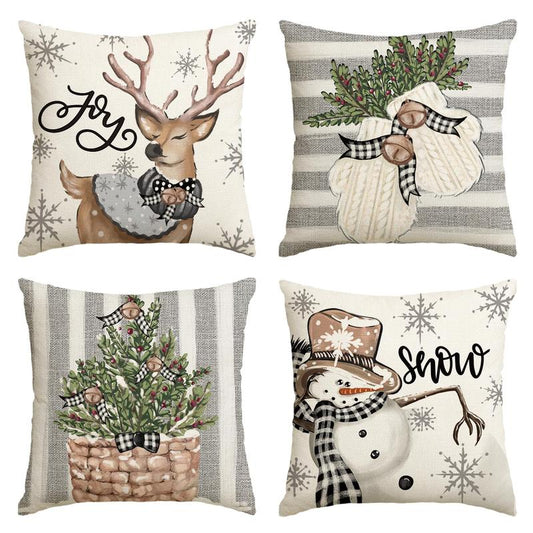 Christmas Snowman Reindeer Gloves Eucalyptus Throw Pillow Covers, Winter Holiday Stripes Cushion Case Decoration for Sofa Couch Set of 4